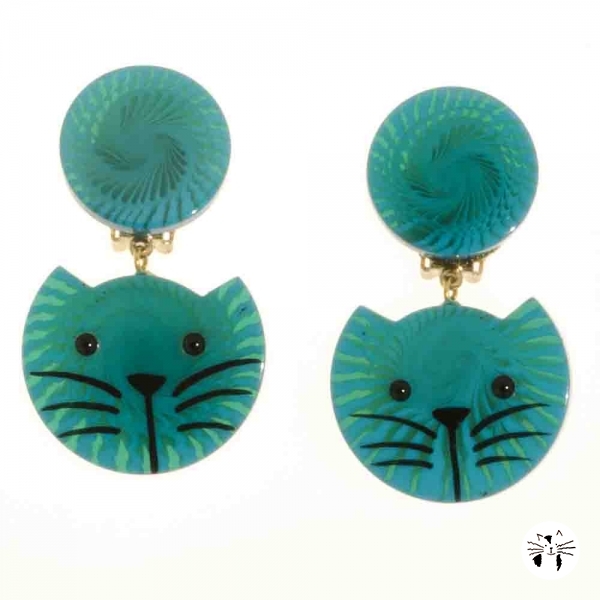 boucles d oreilles chat tete rayure turquoise