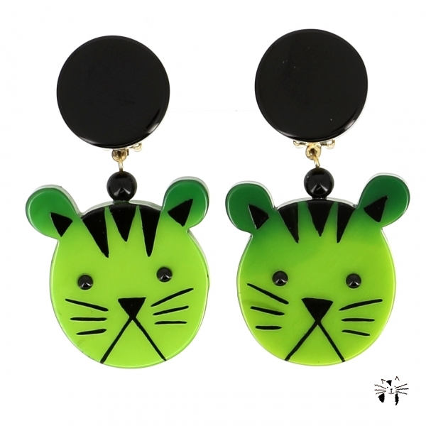 boucles d oreilles chat tigre vert