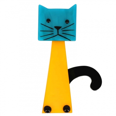 broche chat cafetiere jaune et turquoise