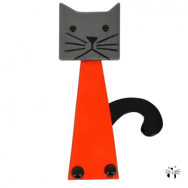 broche chat cafetiere orange et gris