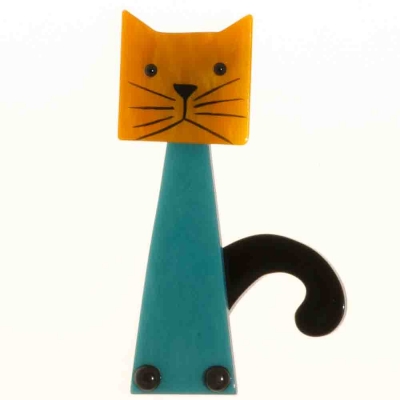 broche chat cafetiere turquoise et jaune