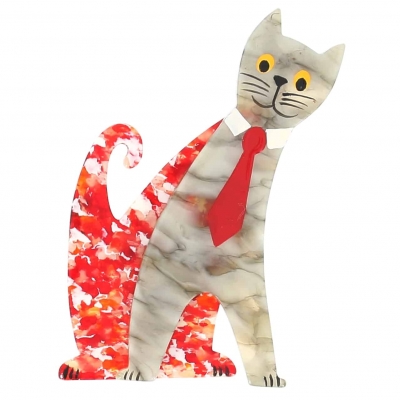 broche chat cravate gris et rouge points