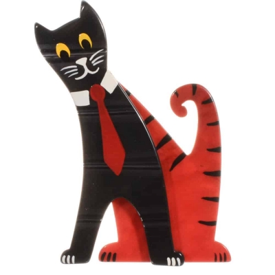 broche chat cravate noir et rouge