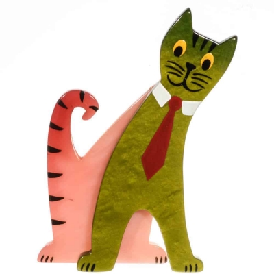 broche chat cravate rose et beige