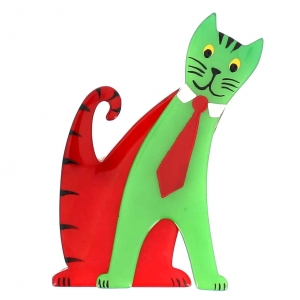 broche chat cravate vert et rouge