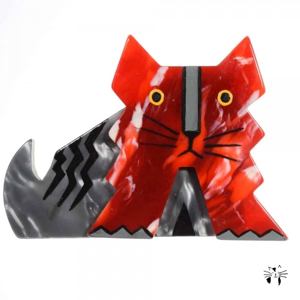 broche chat deco rouge flamme et gris