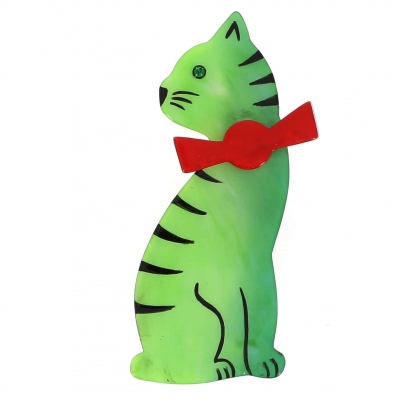broche chat noeud vert clair et rouge