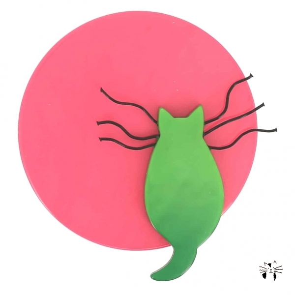 broche chat pleine lune fuchsia et vert