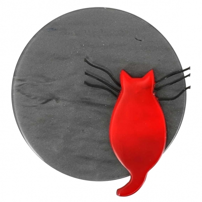 broche chat pleine lune gris et rouge
