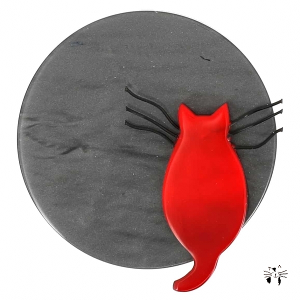 broche chat pleine lune gris et rouge