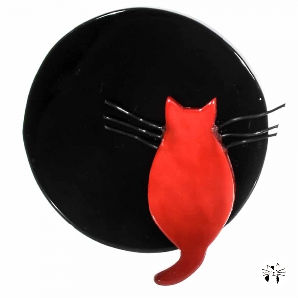 broche chat pleine lune noire et rouge
