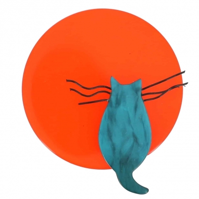 broche chat pleine lune orange et turquoise