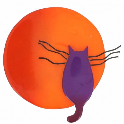 broche chat pleine lune orange violet