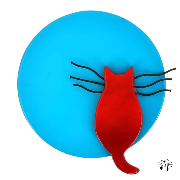 broche chat pleine lune turquoise et rouge