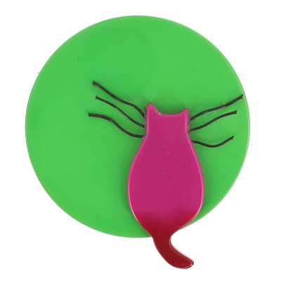 broche chat pleine lune vert et fuchsia