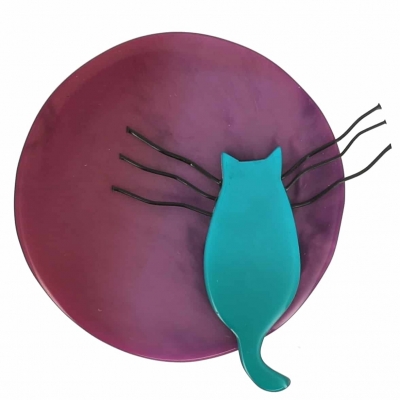 broche chat pleine lune violet turquoise
