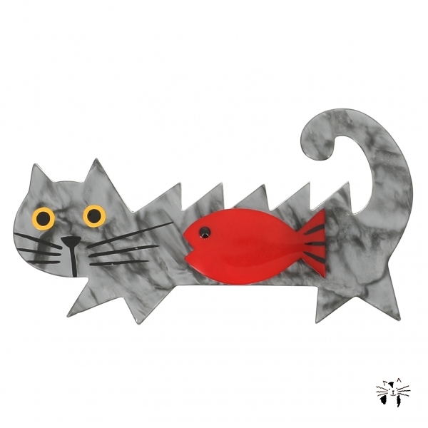 broche chat poisson gris