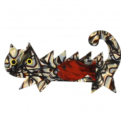 broche chat poisson nacrée et cuivre