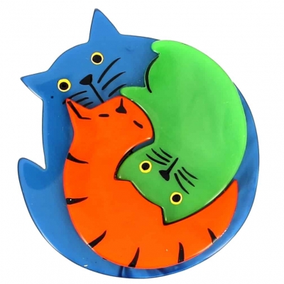 broche chat puzzle bleu orange et vert