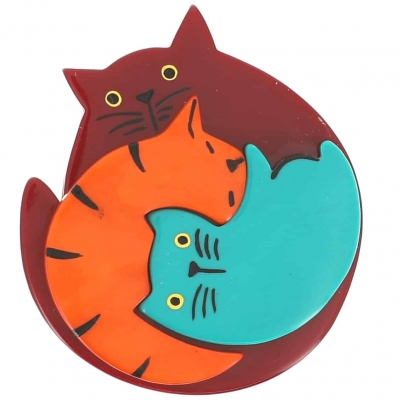 broche chat puzzle bordeau orange et turquoise