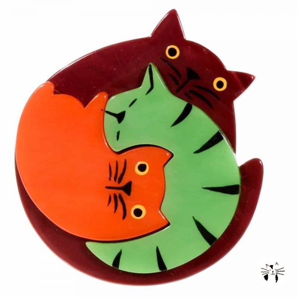 broche chat puzzle bordeau vert et orange