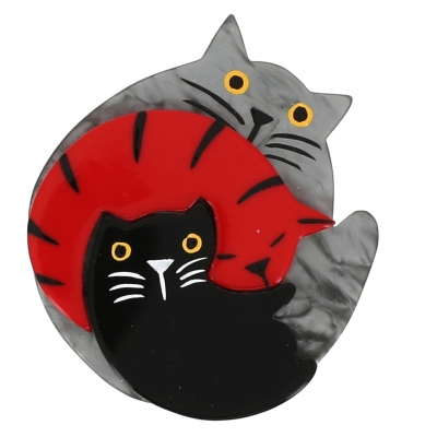 broche chat puzzle gris rouge noir