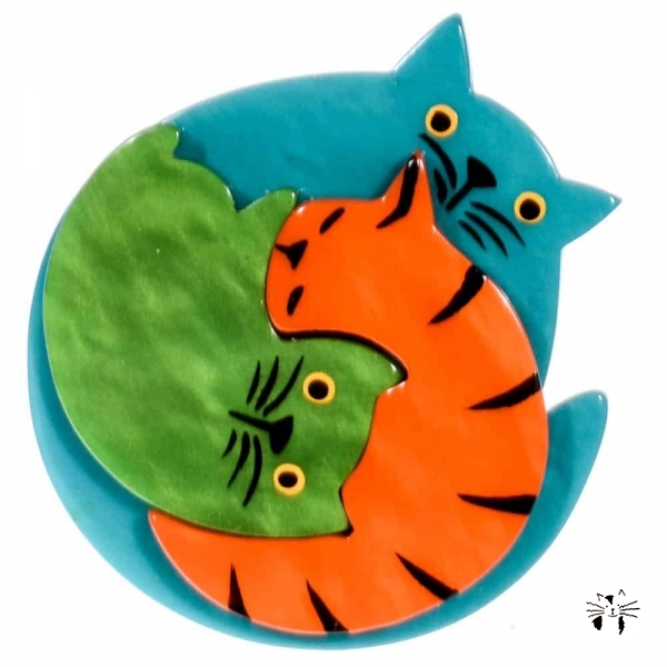 broche chat puzzle turquoise orange et vert
