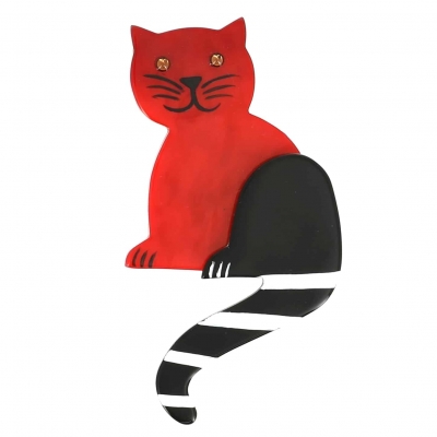 broche chat queue rayures rouge
