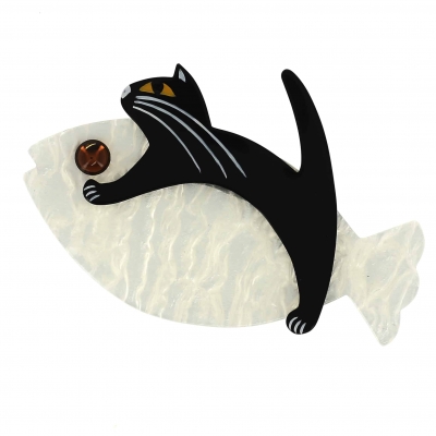 broche chat sinbad blanc nacré et noir