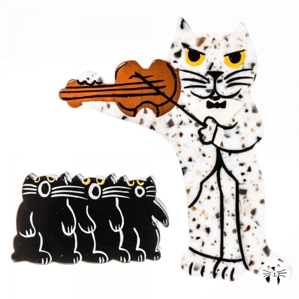 broche chat violoniste blanc points