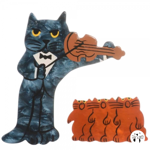 broche chat violoniste bleu acier