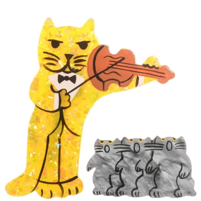 broche chat violoniste jaune brillant