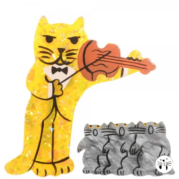 broche chat violoniste jaune brillant