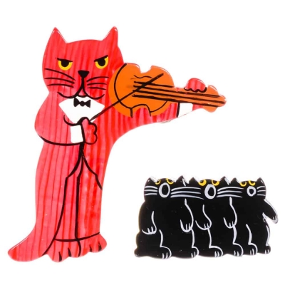 broche chat violoniste rayures rouge