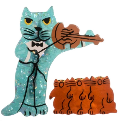 broche chat violoniste turquoise brillant