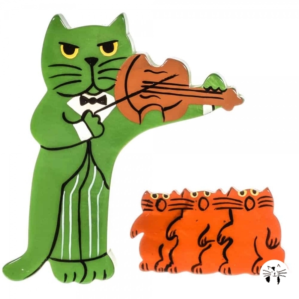 broche chat violoniste vert