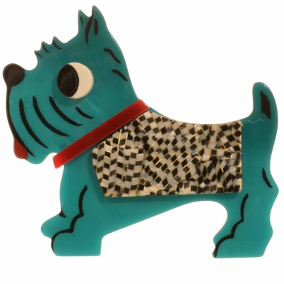 broche chien jano turquoise damier scaled