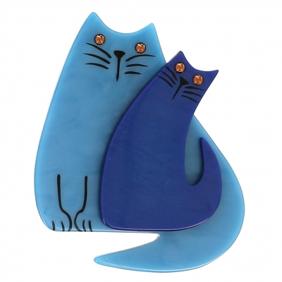 broche double chat bleu ciel et bleu roi