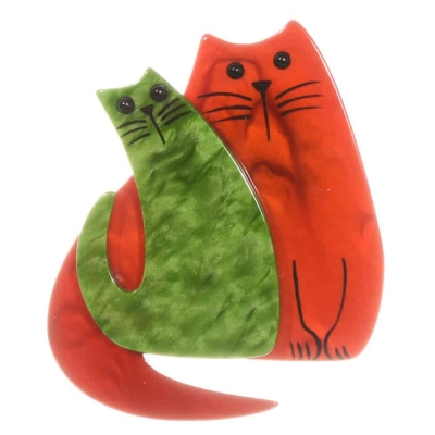 broche double chat cuivre et vert