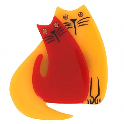 broche double chat jaune et rouge