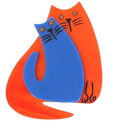 broche double chat orange et bleu