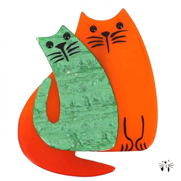 broche double chat orange et vert brillant