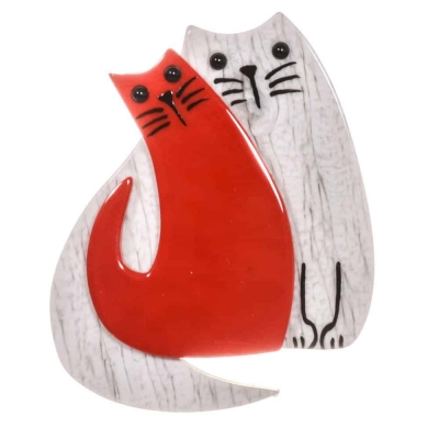 broche double chat perle rouge