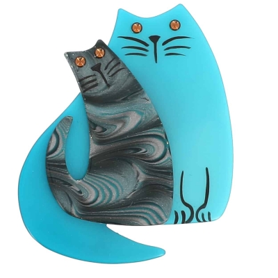 broche double chat turquoise et turquoise motifs