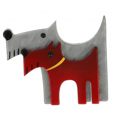 broche double chien gris rouge