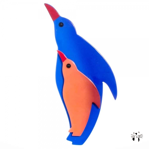 broche pingouin bleu et orange