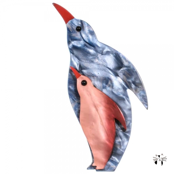 broche pingouin bleu gris rose