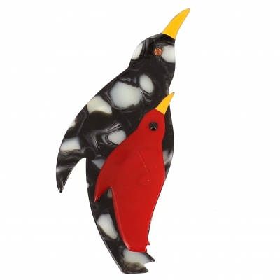 broche pingouin gris bulles et rouge