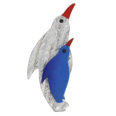 broche pingouin gris nacre et bleu