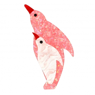 broche pingouin rose brillant blanc nacre